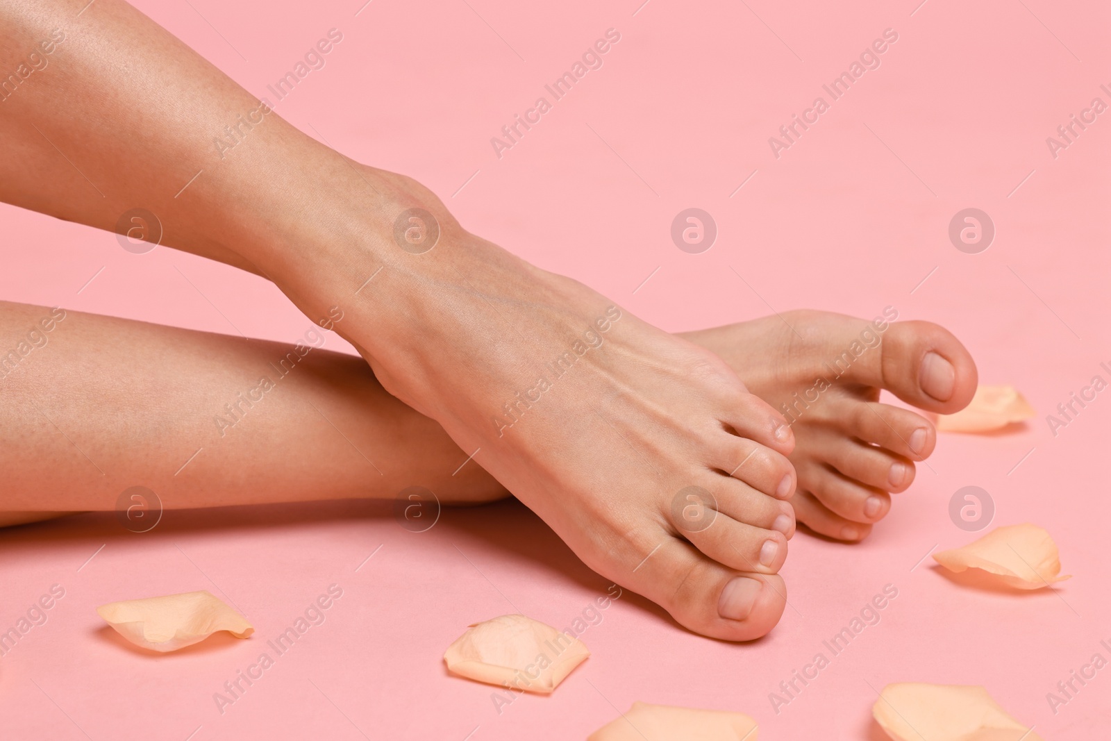 Photo of Woman with smooth feet and petals on pink background, closeup