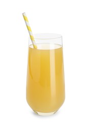 Photo of Glass with pineapple juice and straw isolated on white