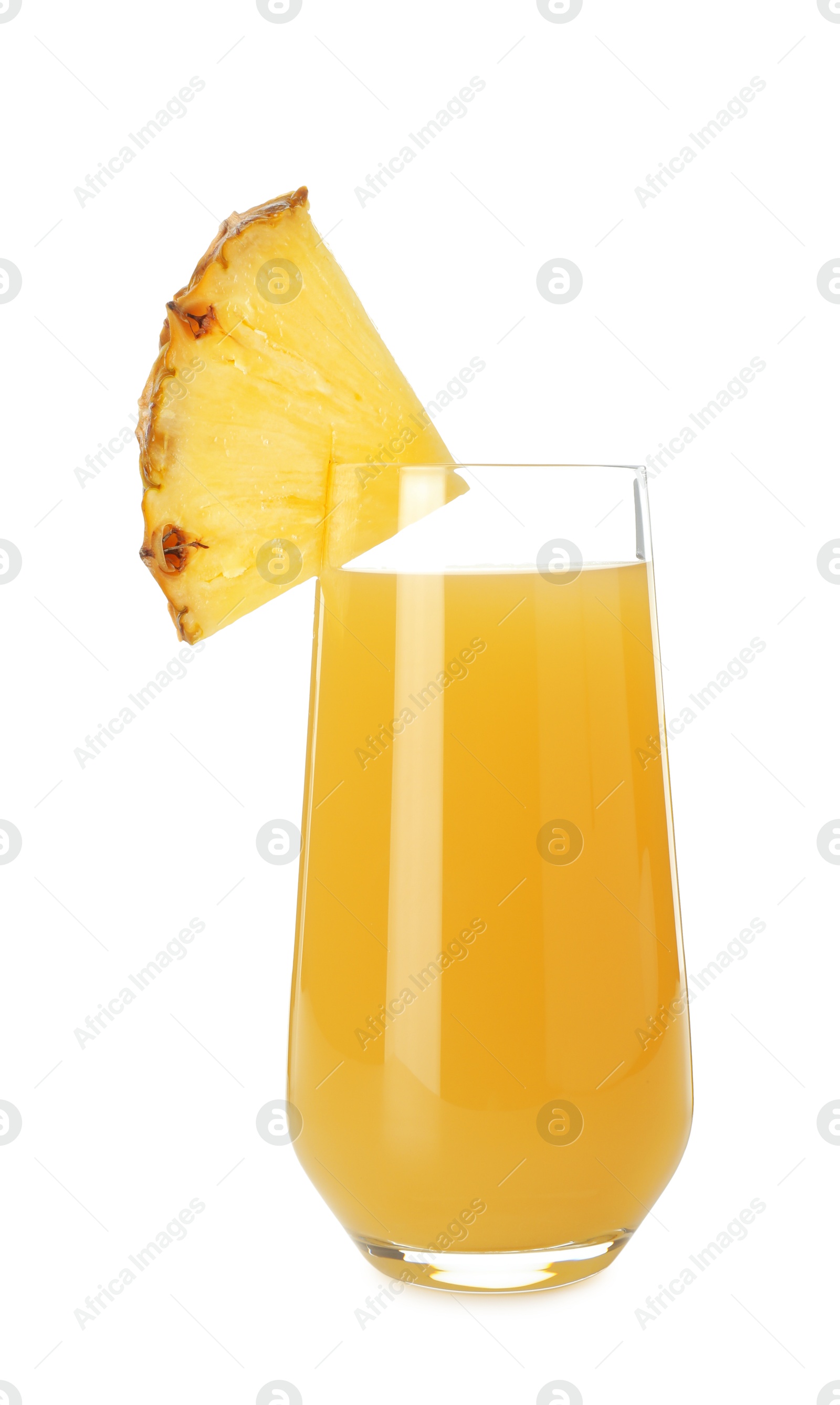 Photo of Glass with pineapple juice and piece of fresh fruit isolated on white