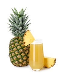 Photo of Glass with pineapple juice and fresh pineapples isolated on white