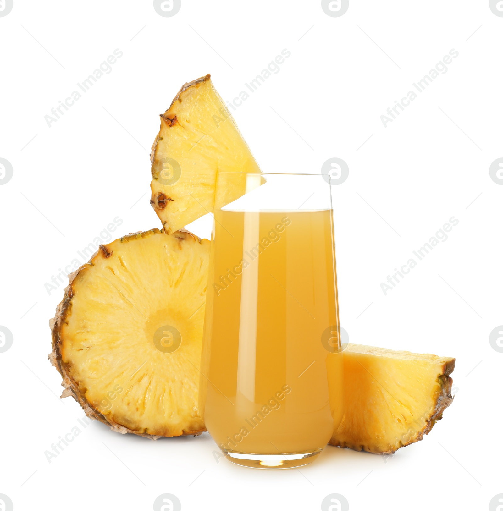 Photo of Glass with pineapple juice and pieces of fresh fruit isolated on white