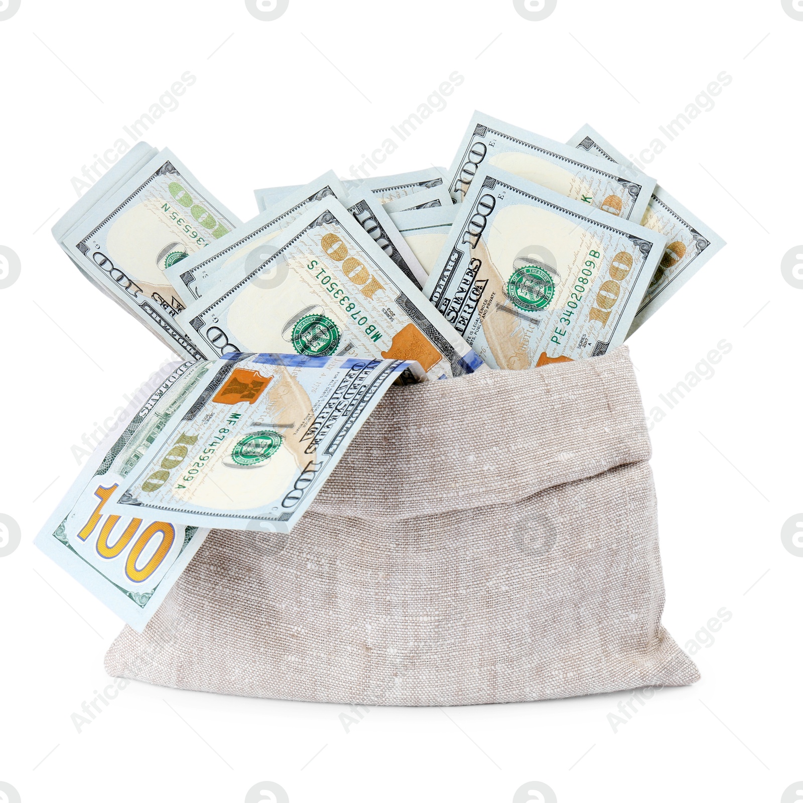 Photo of Dollar banknotes in bag isolated on white