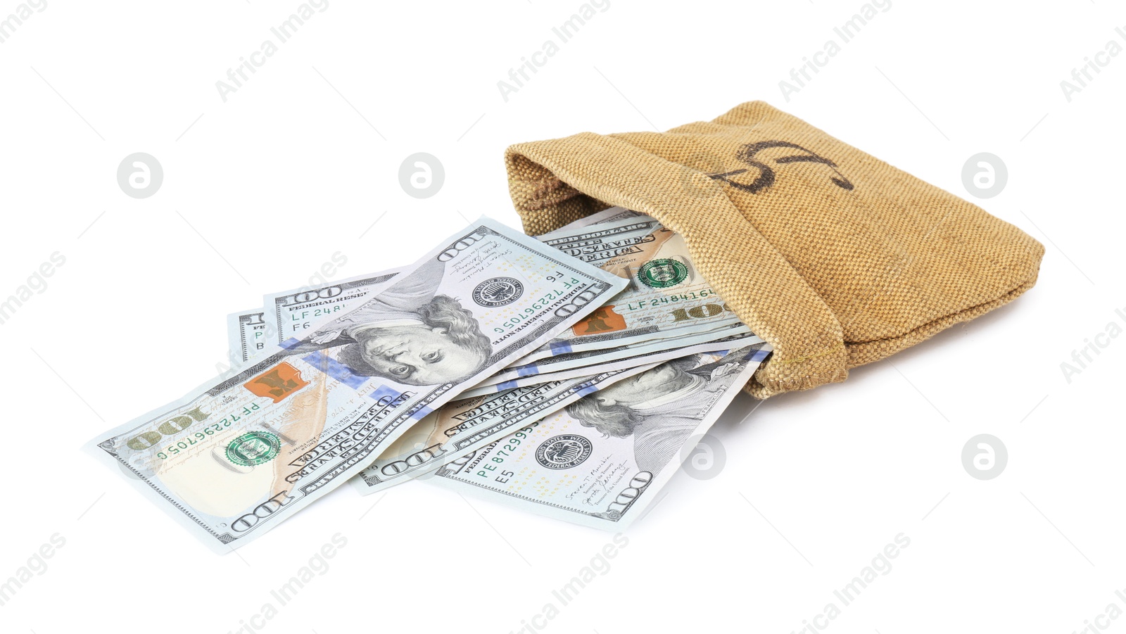 Photo of Dollar banknotes in bag isolated on white