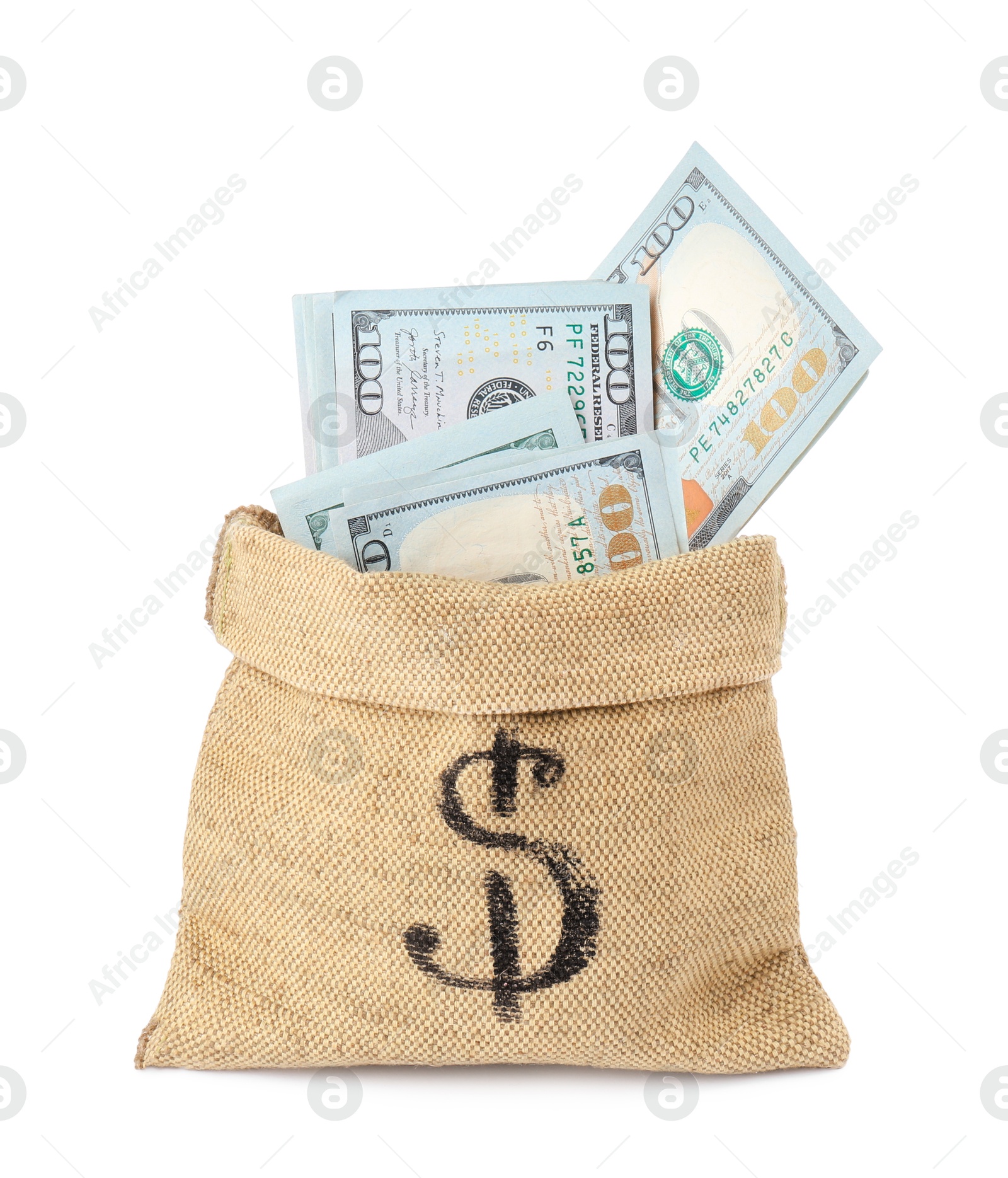 Photo of Dollar banknotes in bag isolated on white