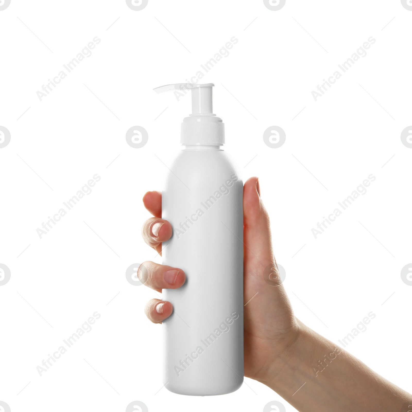 Photo of Woman with shampoo bottle on white background, closeup