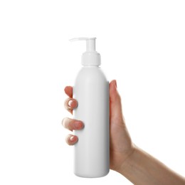 Photo of Woman with shampoo bottle on white background, closeup