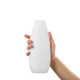 Photo of Woman with shampoo bottle on white background, closeup