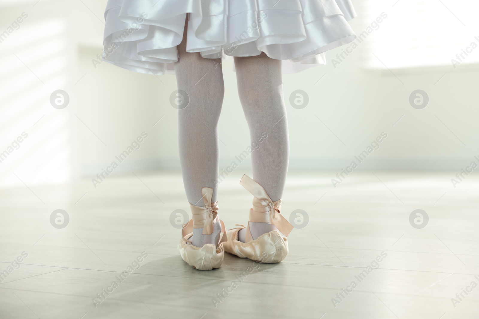 Photo of Little ballerina wearing pointe shoes indoors, closeup