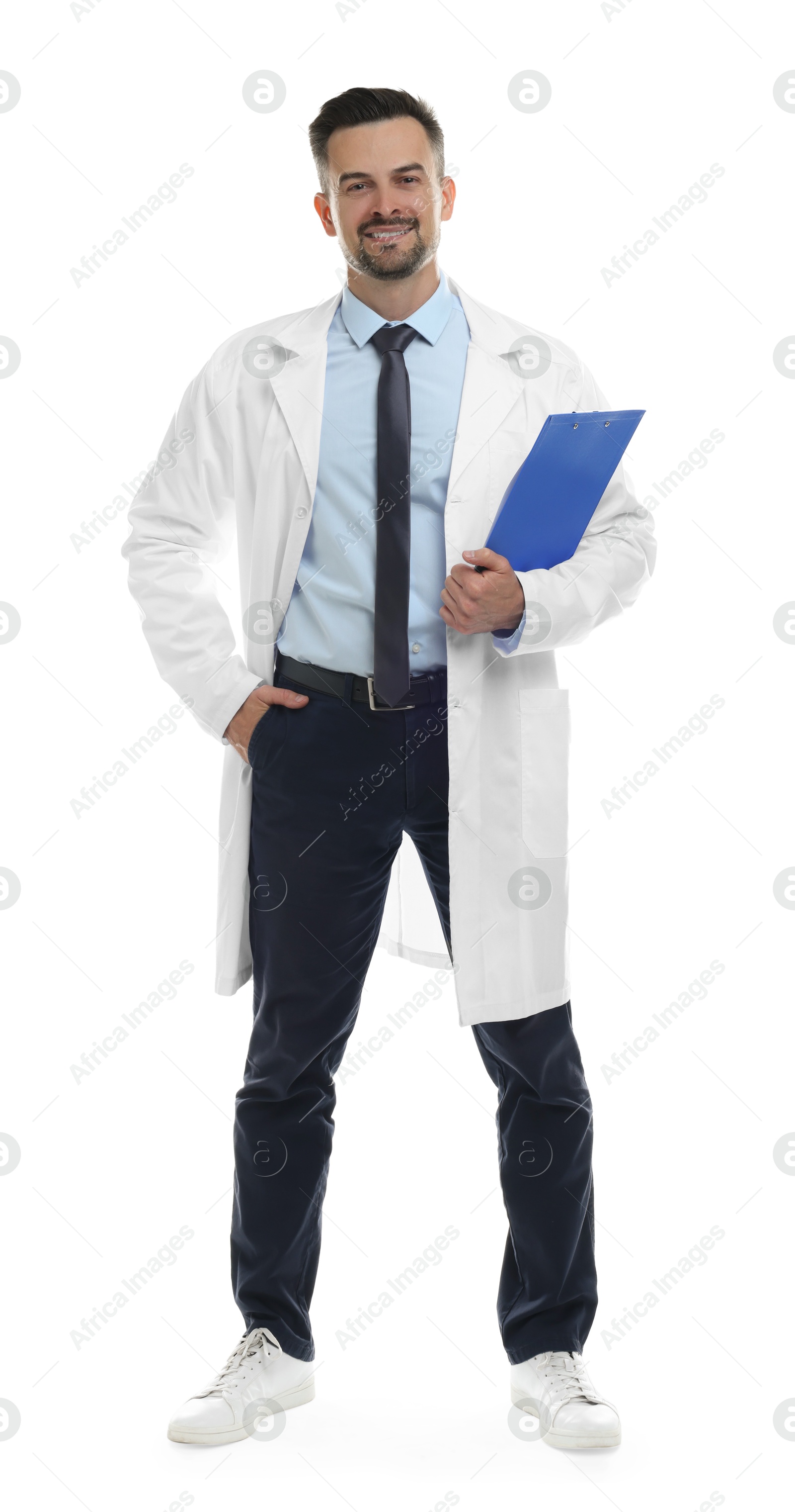 Photo of Smiling doctor with clipboard isolated on white