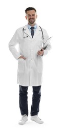 Photo of Smiling doctor with stethoscope and clipboard isolated on white