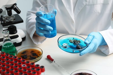 Photo of Laboratory worker with petri dish and beaker researching bacteria at white table indoors, closeup