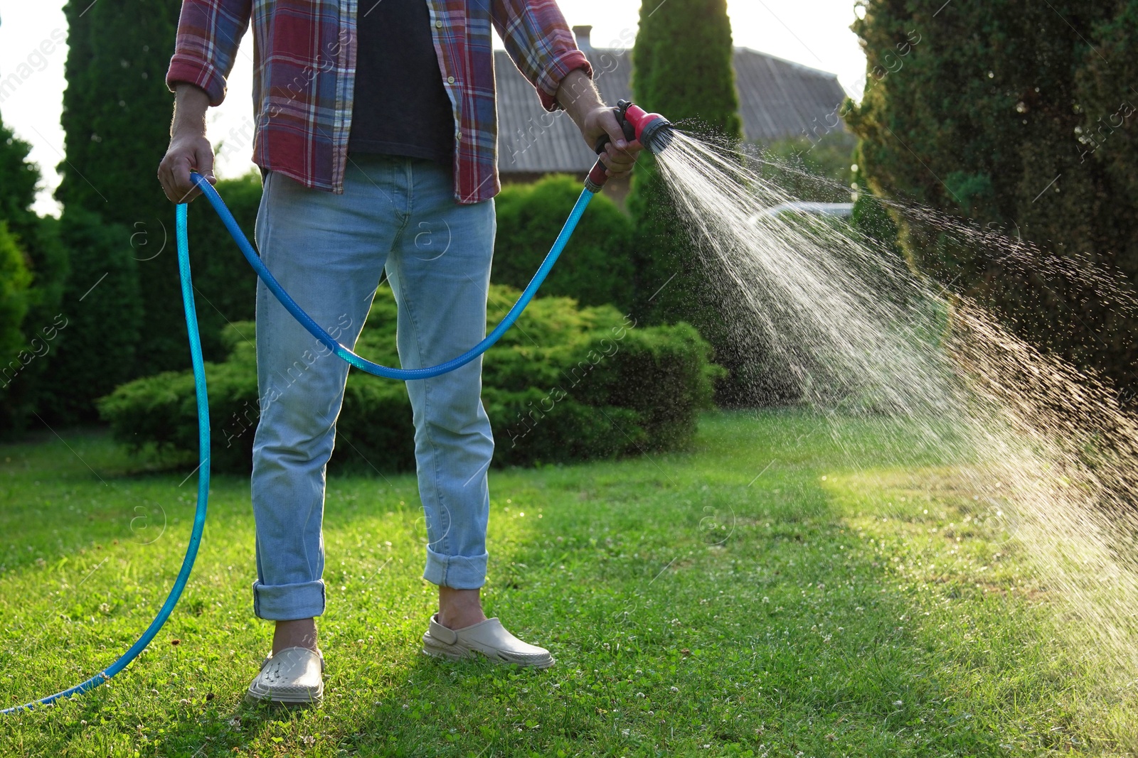 Photo of Man watering green grass on lawn in backyard, closeup