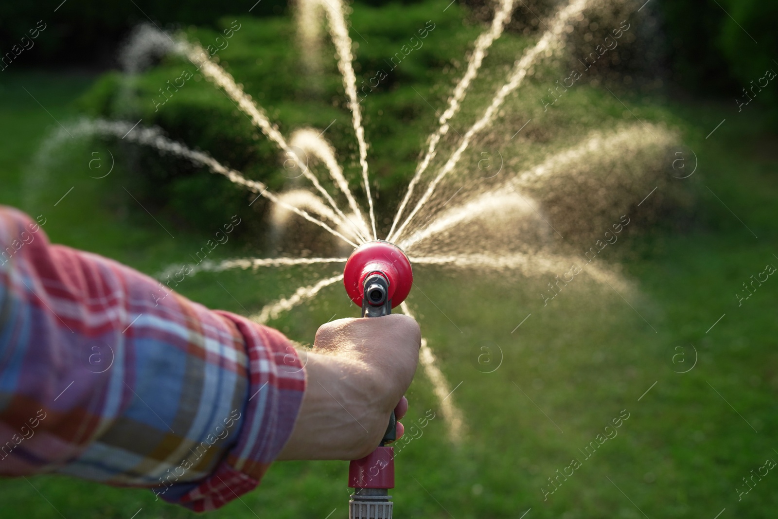 Photo of Man watering lawn with hose in backyard, closeup