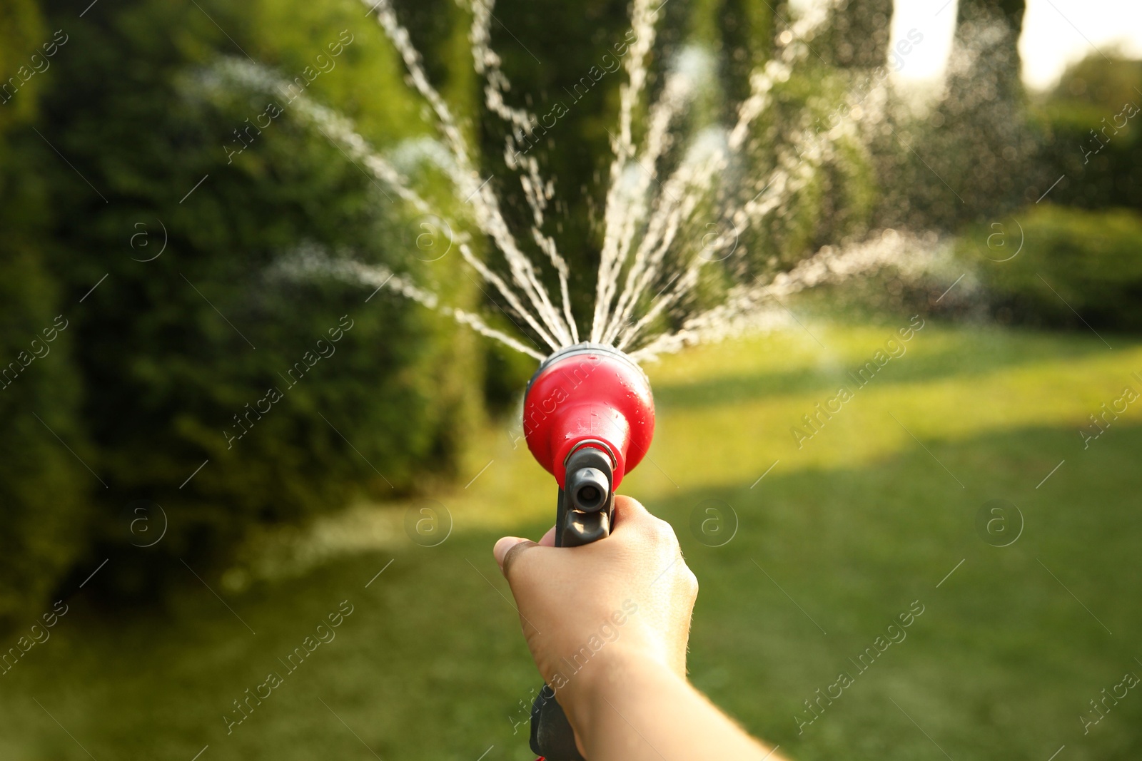 Photo of Man watering lawn with hose in backyard, closeup