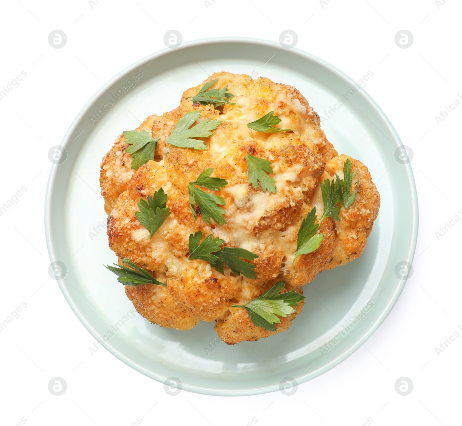 Photo of Delicious baked cauliflower with parsley isolated on white, top view