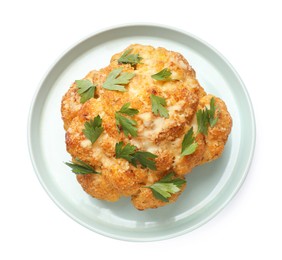 Delicious baked cauliflower with parsley isolated on white, top view