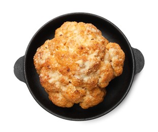 Photo of Delicious baked cauliflower in baking dish isolated on white, top view