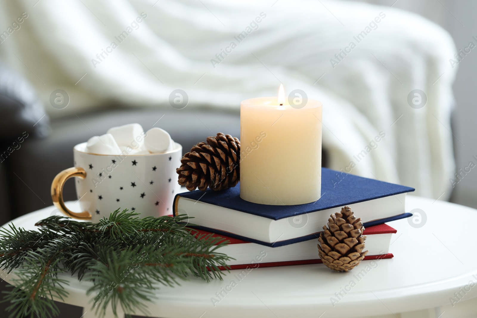 Photo of Burning candle, books, fir branches and cones on coffee table indoors. Christmas atmosphere