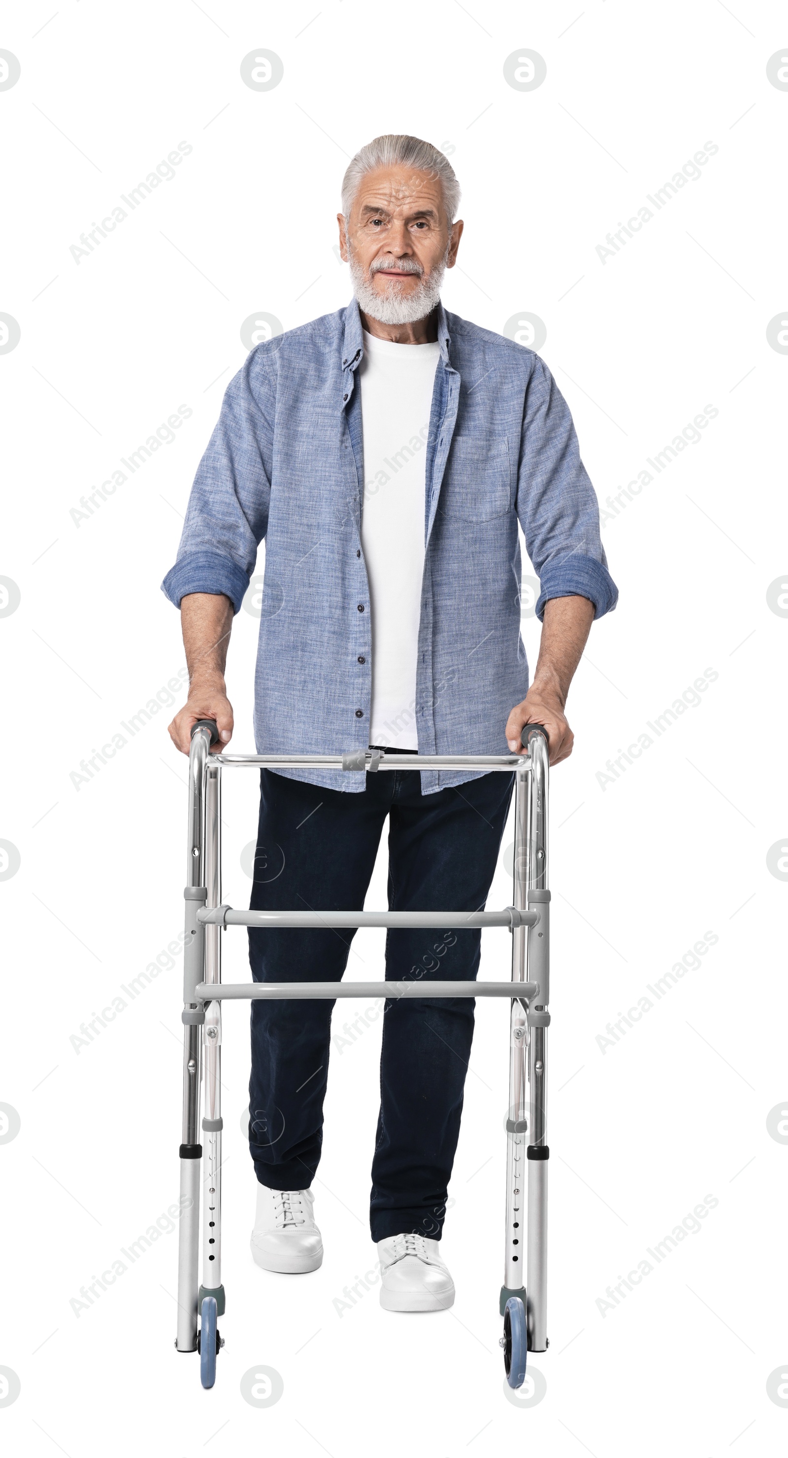 Photo of Senior man using walking frame on white background