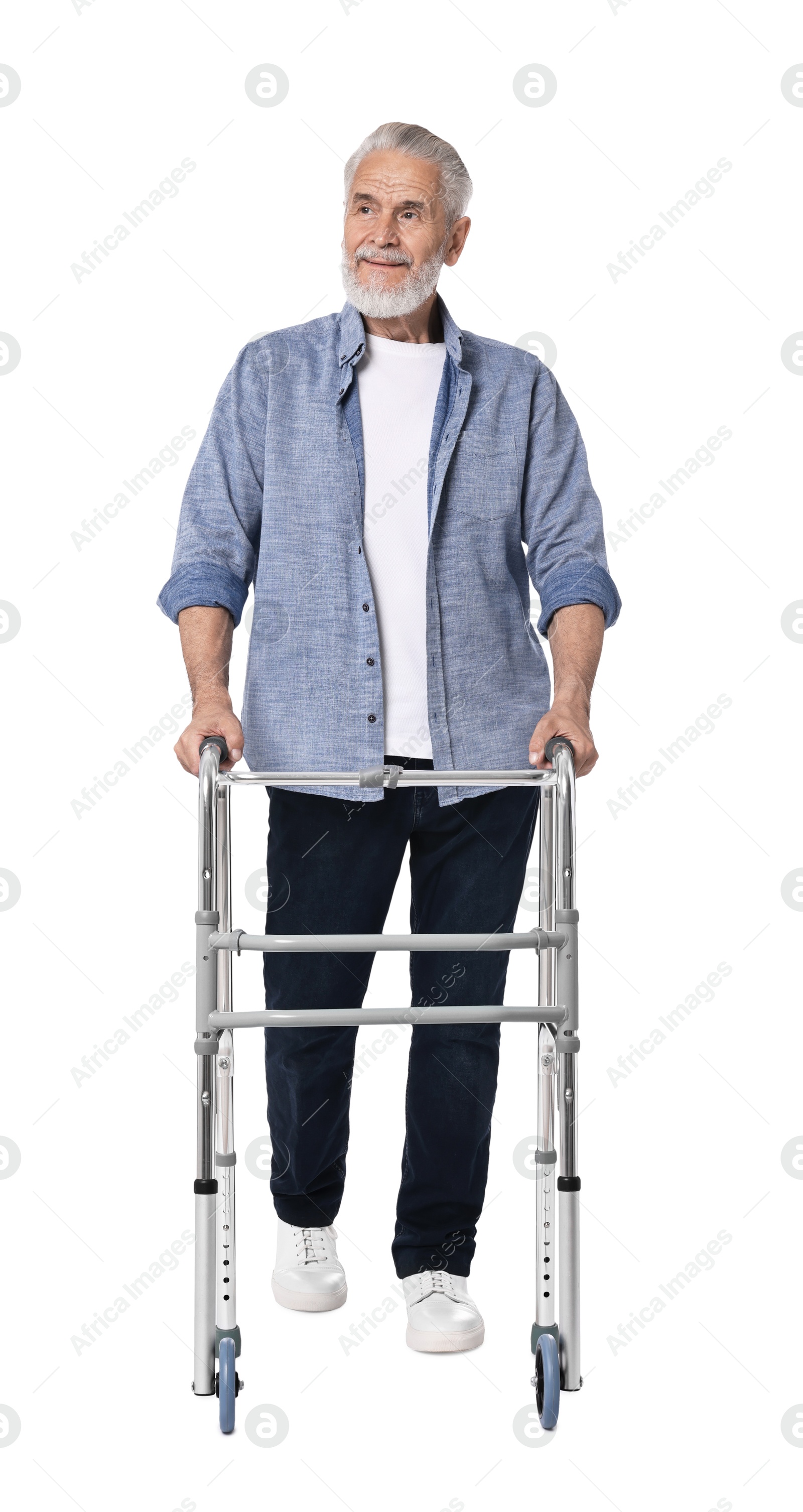 Photo of Senior man using walking frame on white background