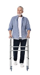 Photo of Senior man using walking frame on white background