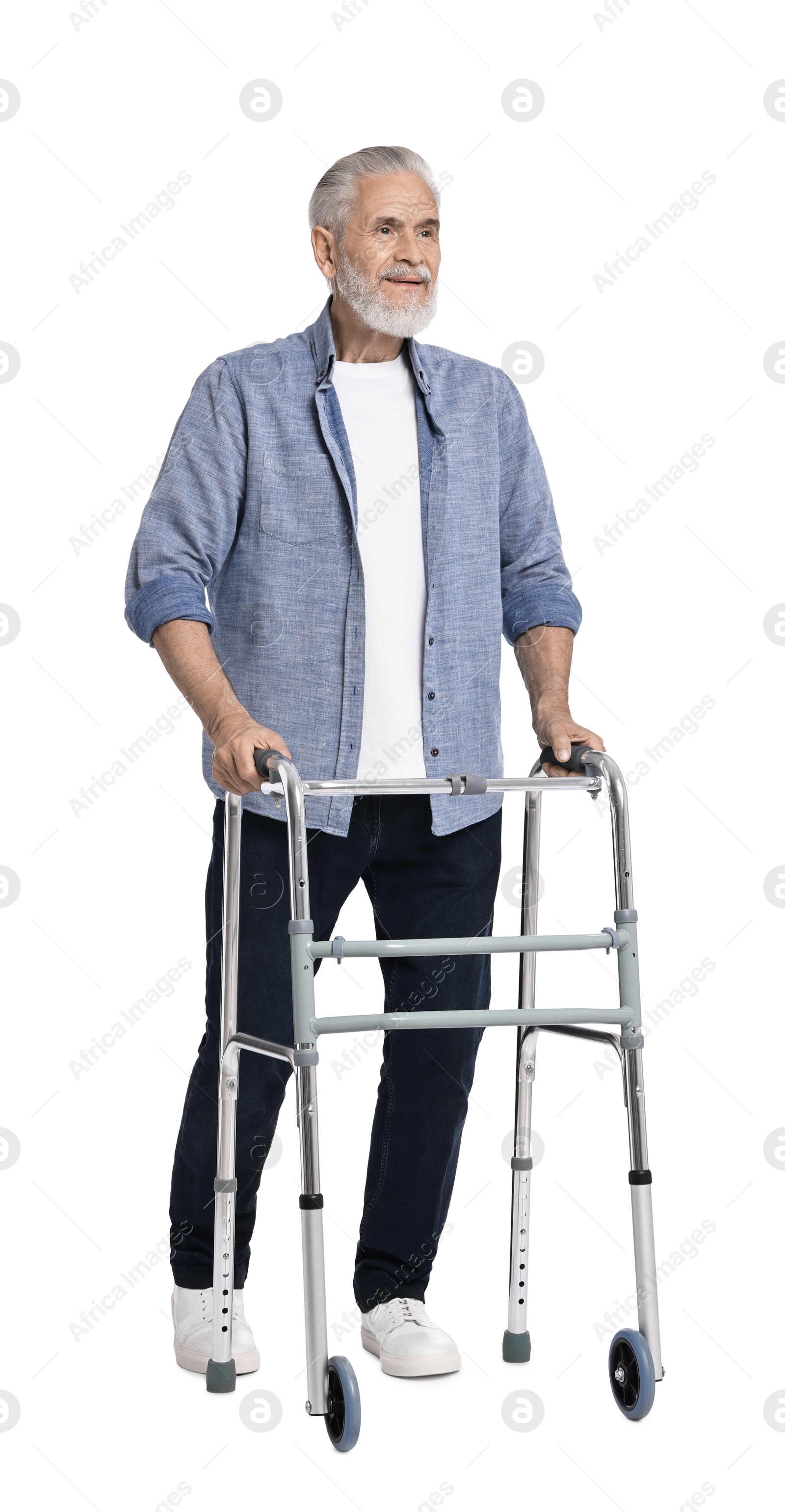 Photo of Senior man using walking frame on white background