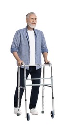 Photo of Senior man using walking frame on white background