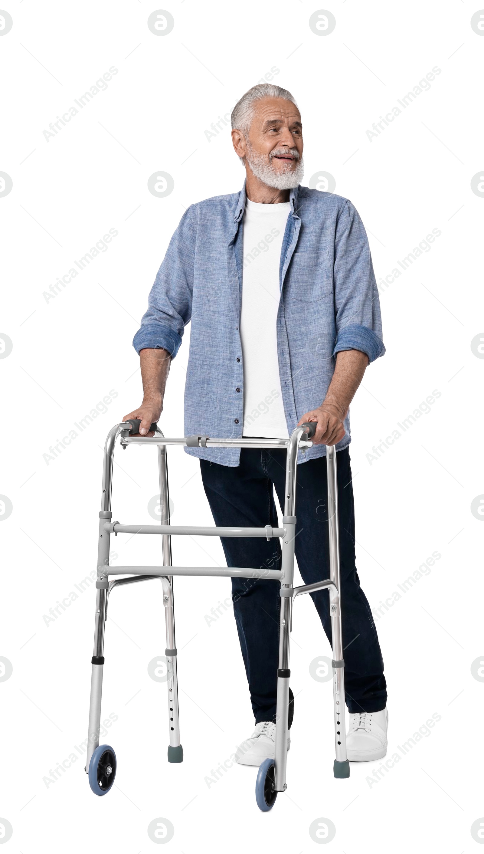 Photo of Senior man using walking frame on white background