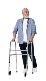 Senior man using walking frame on white background