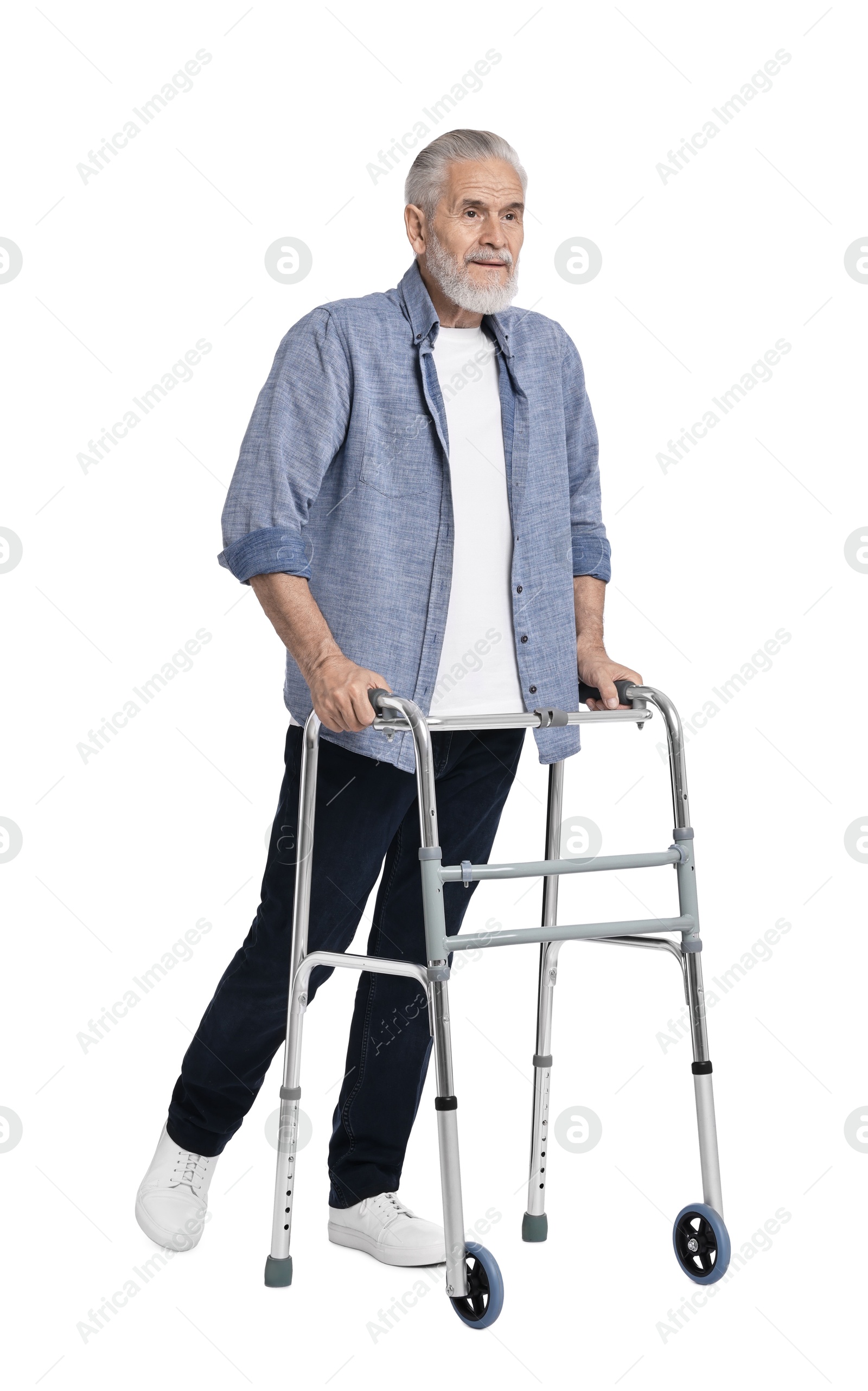 Photo of Senior man using walking frame on white background