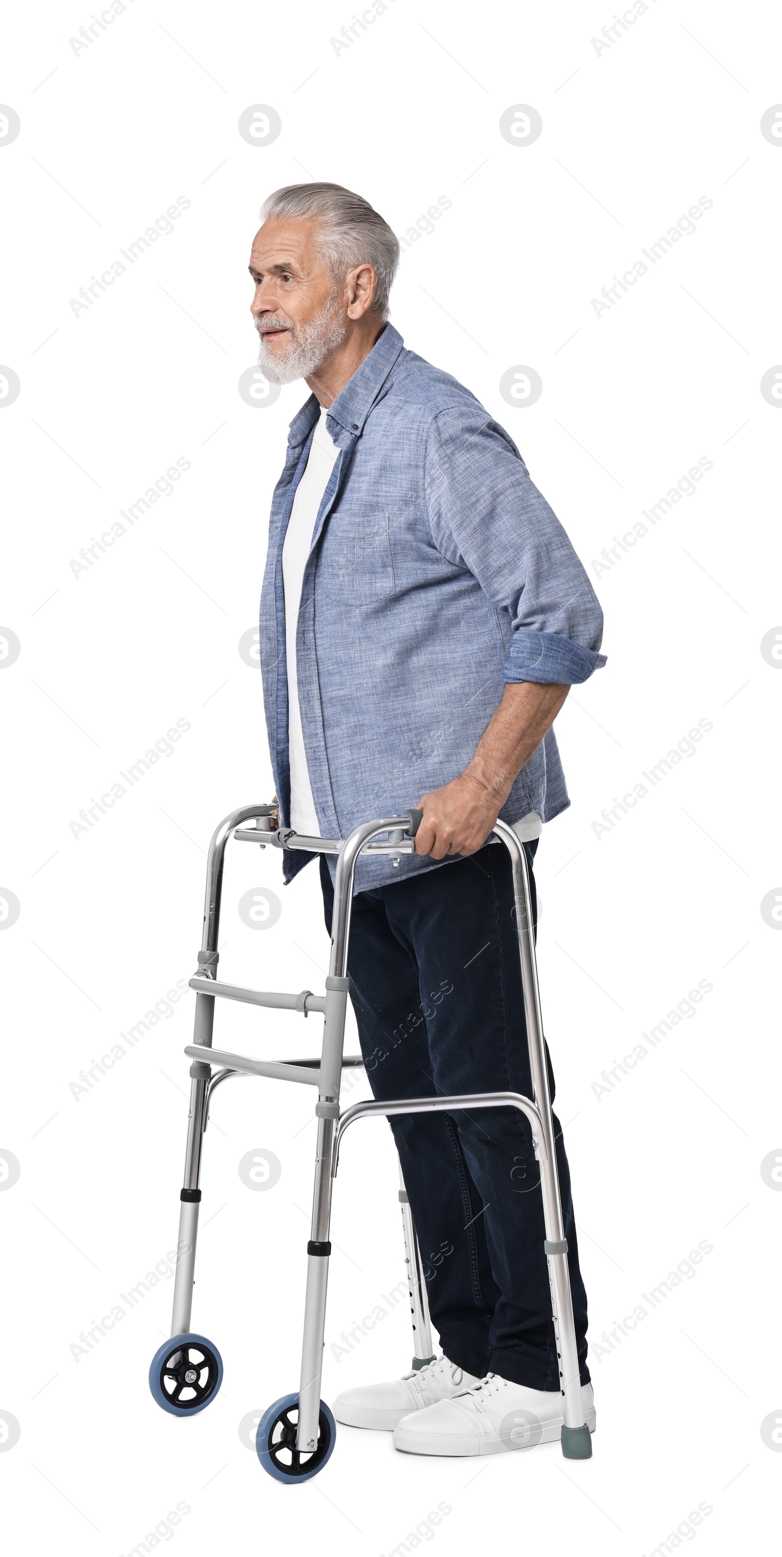 Photo of Senior man using walking frame on white background