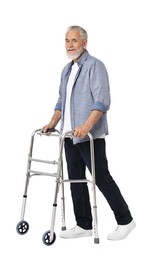 Senior man using walking frame on white background