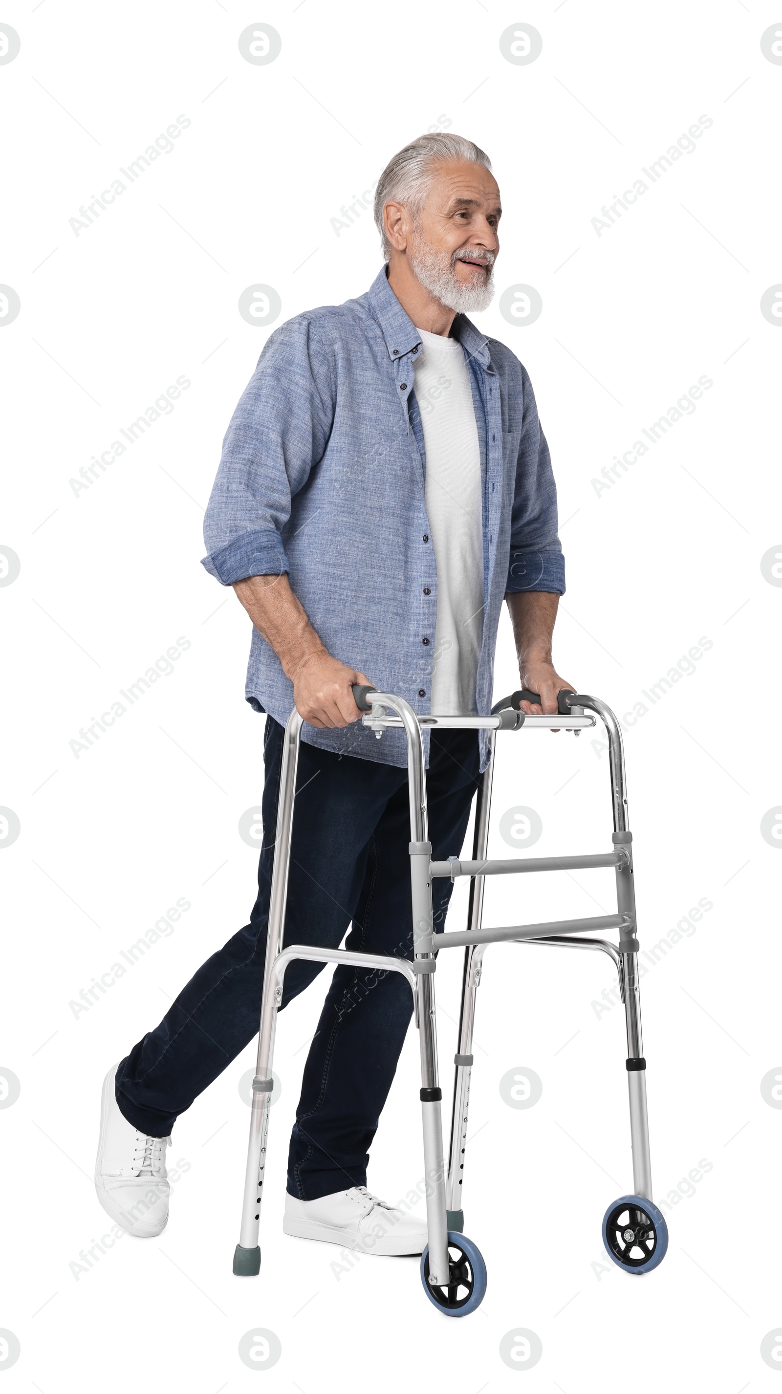 Photo of Senior man using walking frame on white background