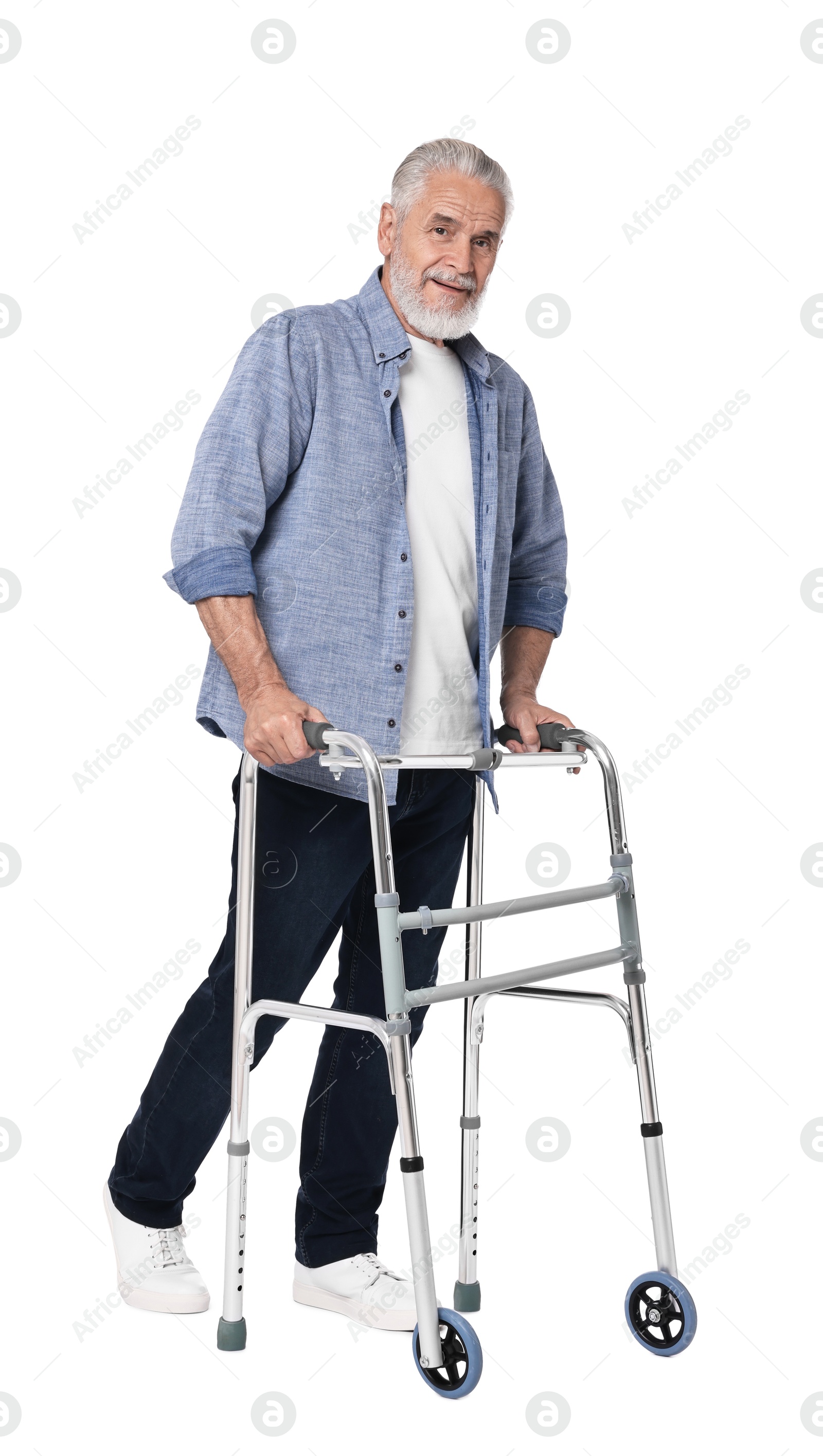 Photo of Senior man using walking frame on white background