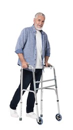 Photo of Senior man using walking frame on white background