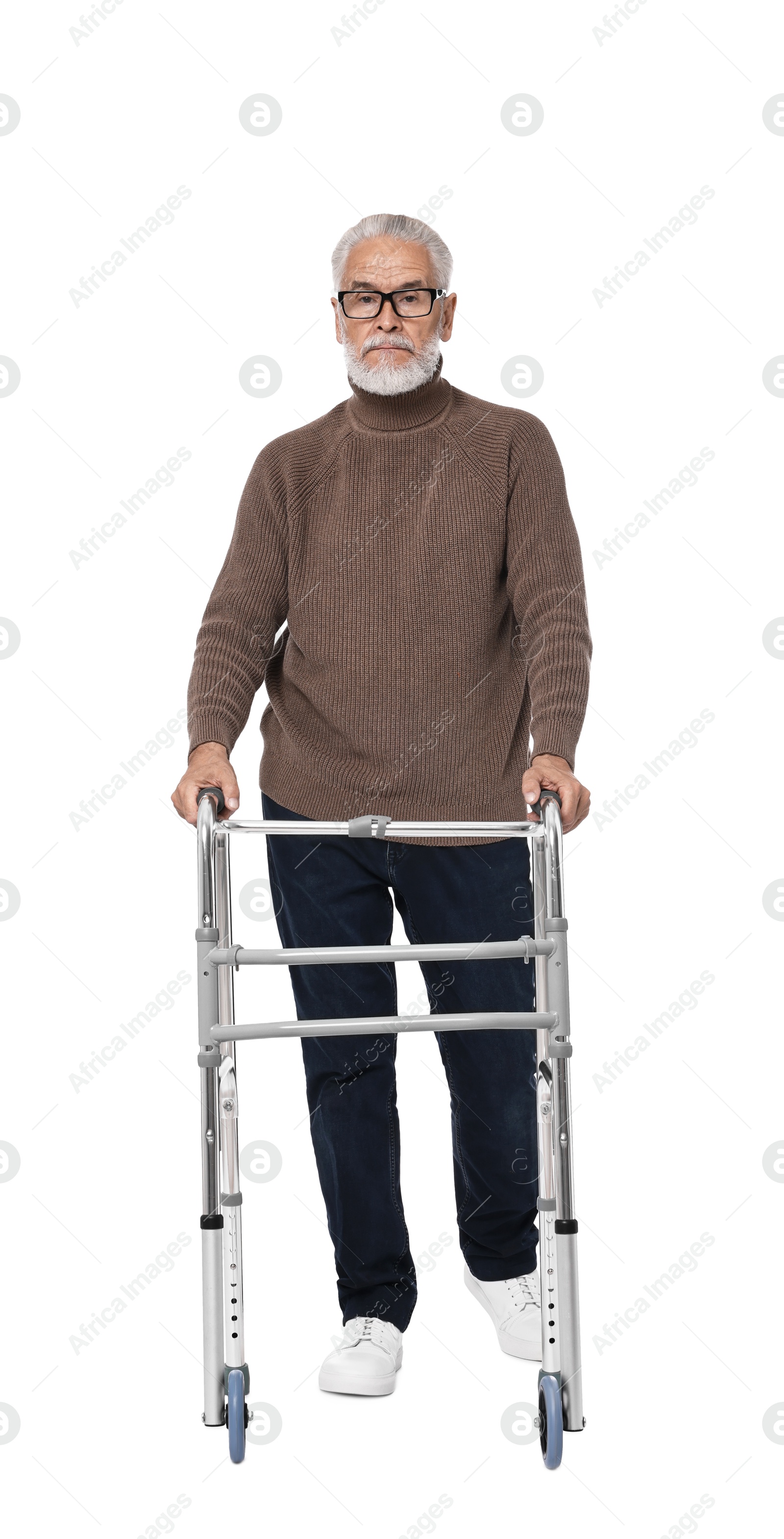 Photo of Senior man using walking frame on white background