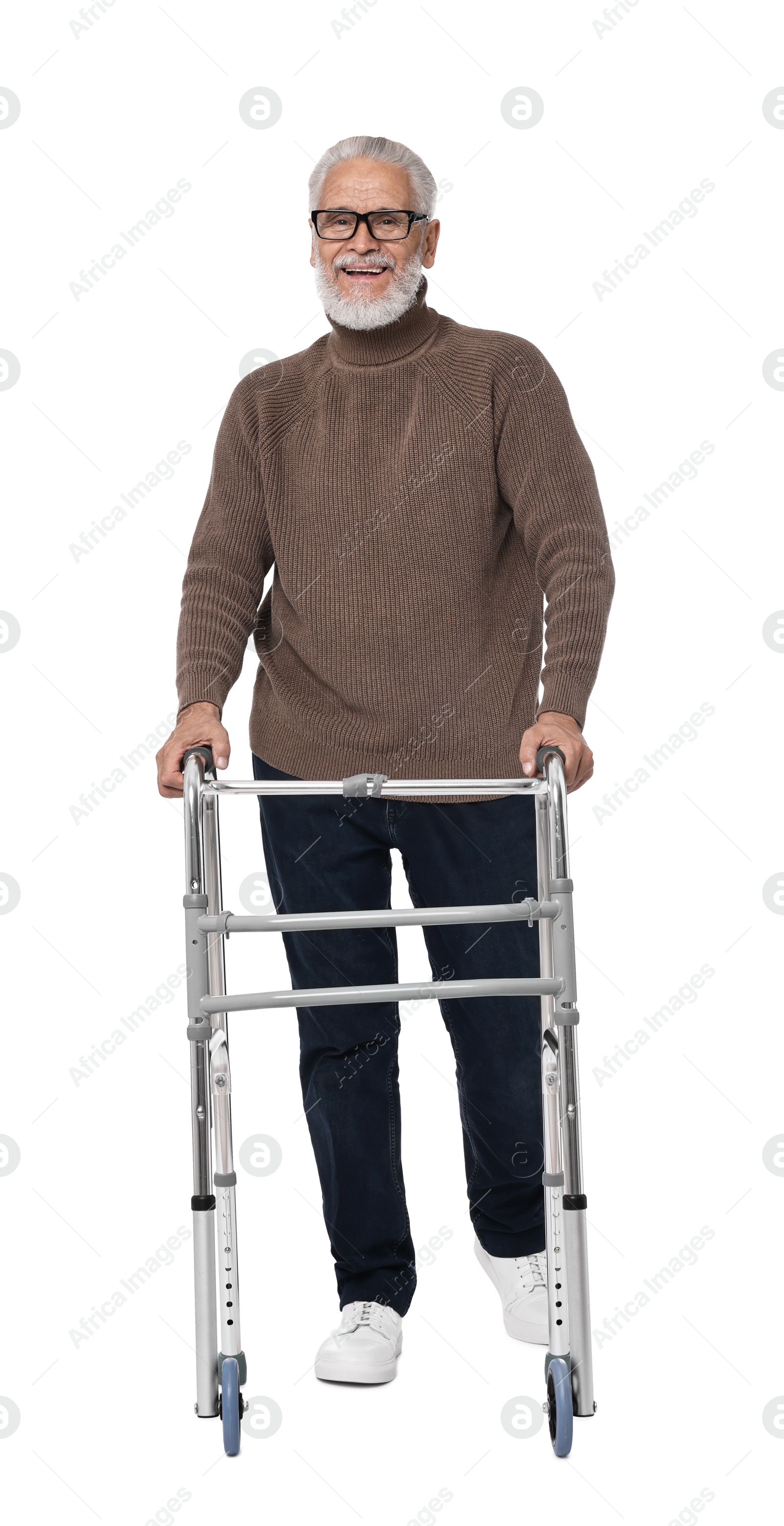 Photo of Senior man using walking frame on white background