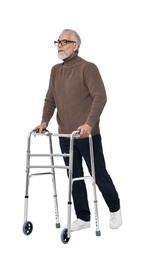 Photo of Senior man using walking frame on white background