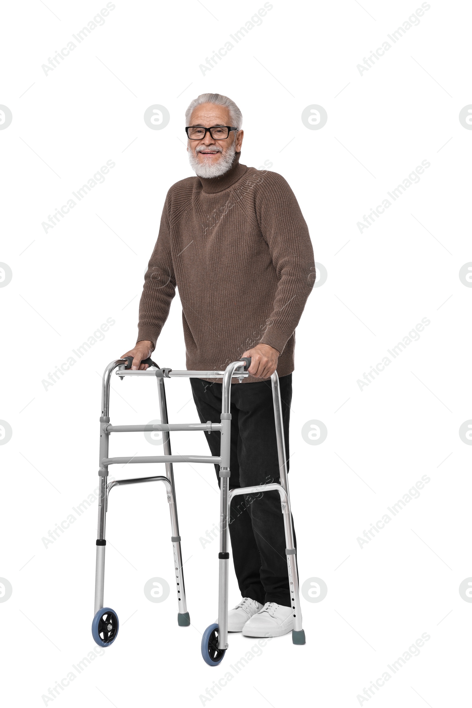 Photo of Senior man using walking frame on white background