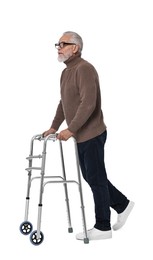 Senior man using walking frame on white background