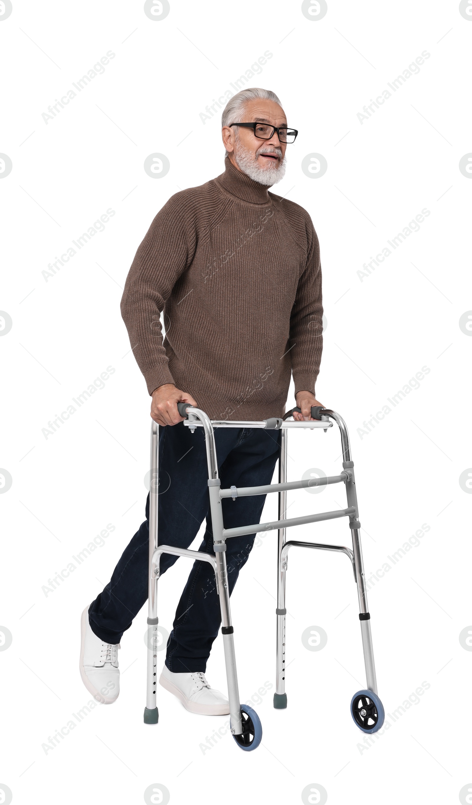 Photo of Senior man using walking frame on white background