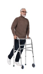 Photo of Senior man using walking frame on white background