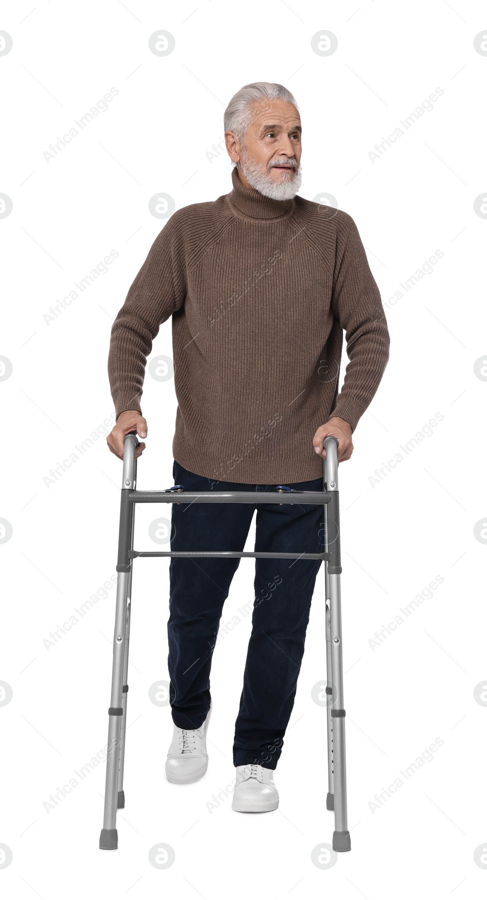 Photo of Senior man using walking frame on white background