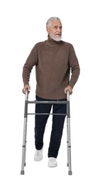 Photo of Senior man using walking frame on white background