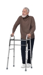 Senior man using walking frame on white background