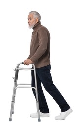 Photo of Senior man using walking frame on white background