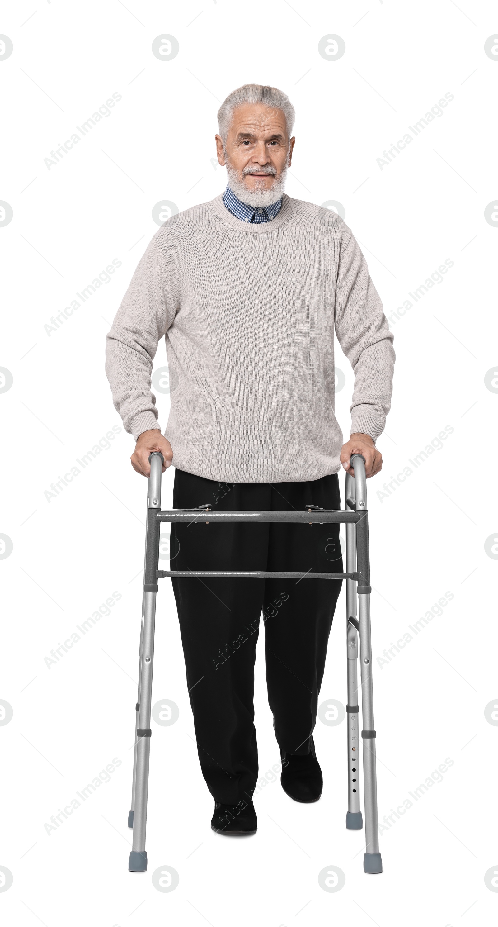 Photo of Senior man using walking frame on white background