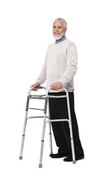 Photo of Senior man using walking frame on white background