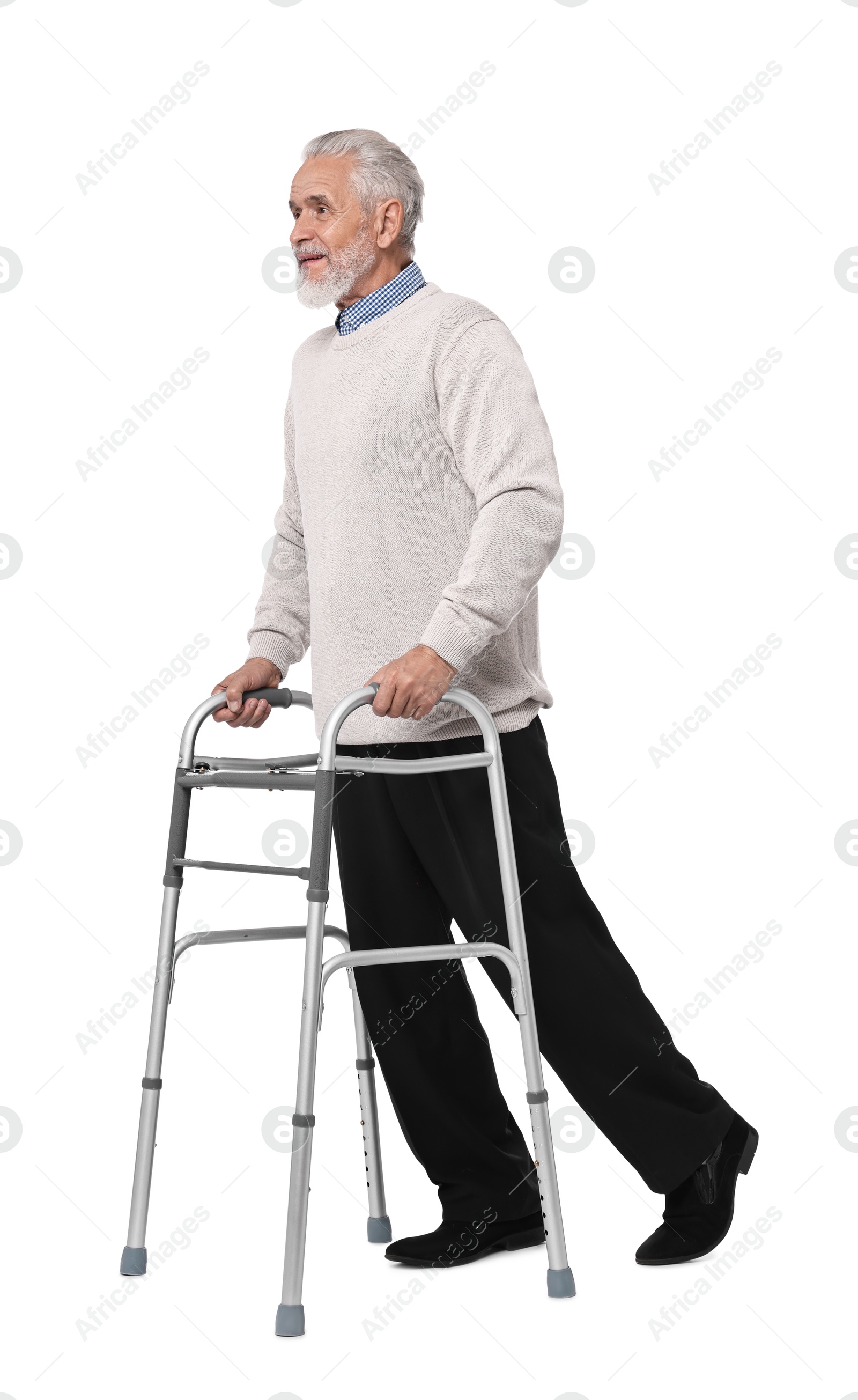 Photo of Senior man using walking frame on white background