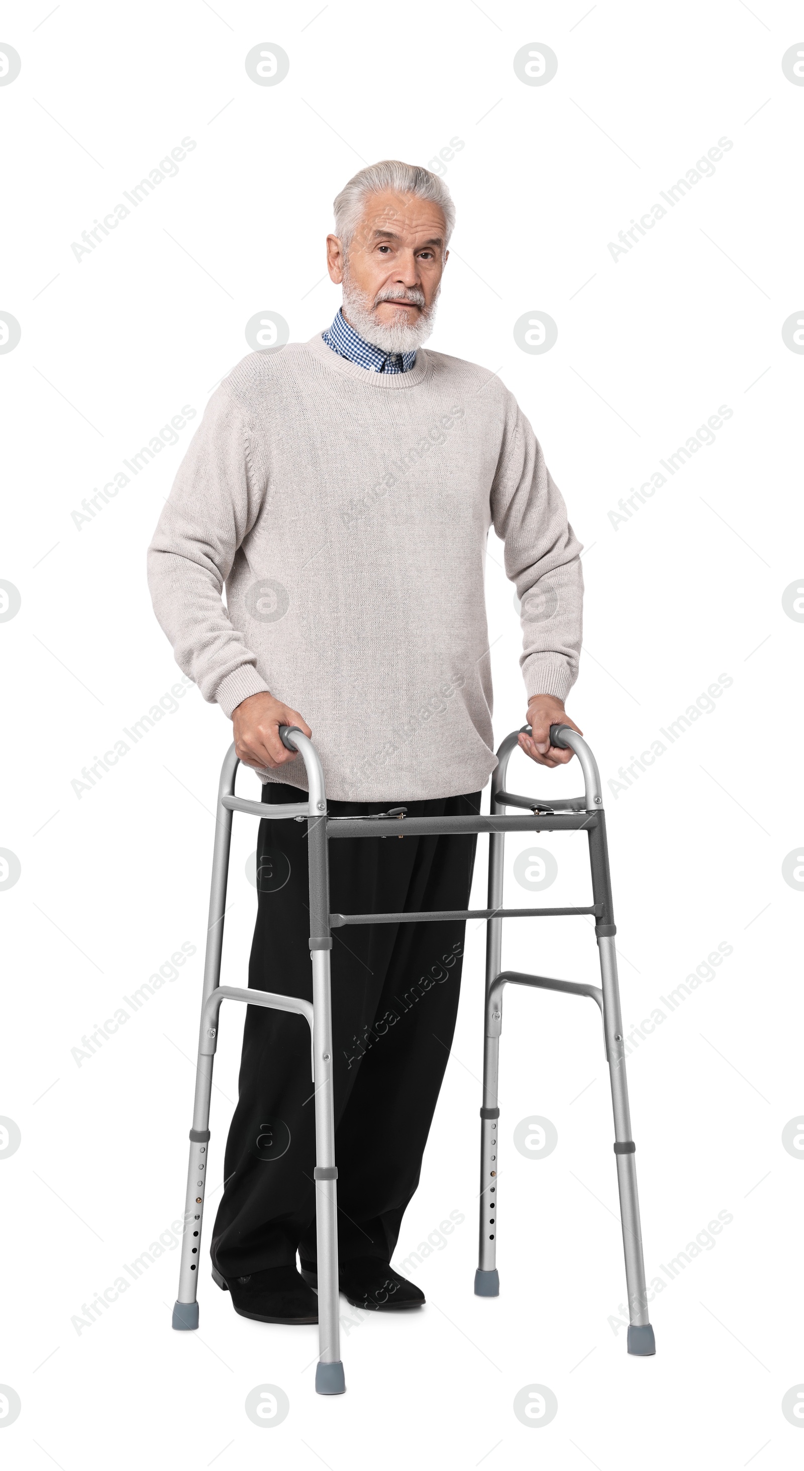 Photo of Senior man using walking frame on white background